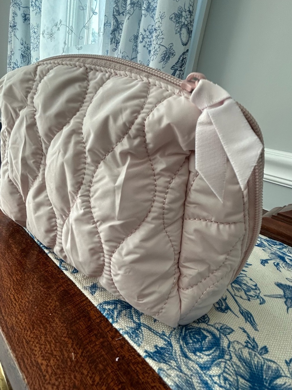 Quilted Pink Cosmetic Bag with Ribbon Zip